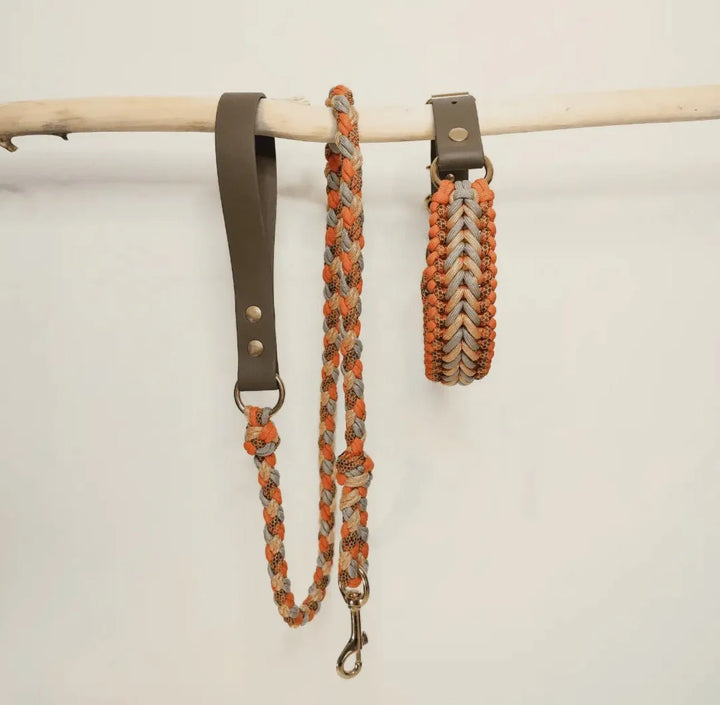 Handgefertigtes Paracord Hundehalsband mit passender Leine – Orange & Grau – Robust & Wasserfest - Die StupsnaseHandgefertigtes Paracord Hundehalsband mit passender Leine – Orange & Grau – Robust & WasserfestHundesetDie StupsnaseHundeset